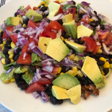 Burrito bowl plate (beans, brown rice, avocado, tomatoes, red onions, corn)