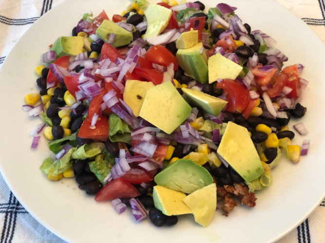 Burrito bowl plate (beans, brown rice, avocado, tomatoes, red onions, corn)