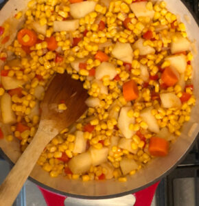 Veggie corn soup base in dutch oven